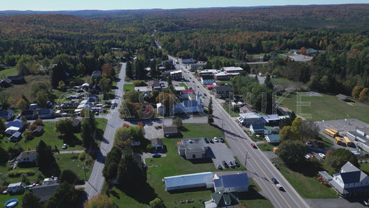 Forward Drone Flight Over Church Along Hwy 62 to Library and Hwy 127, Maynooth
