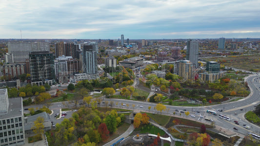 Descending Autumn Drone Shot Toward Wellington Street & Portage Bridge Intersection