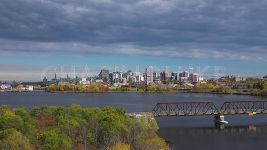 Gliding Aerial Beside Commanda Bridge Facing Parliament & Ottawa Skyline