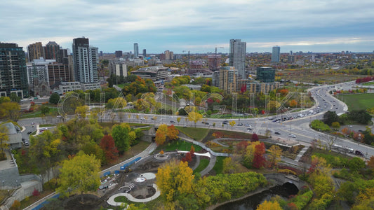 Static Aerial View of Ottawa’s Portage Bridge & Wellington Street in Fall