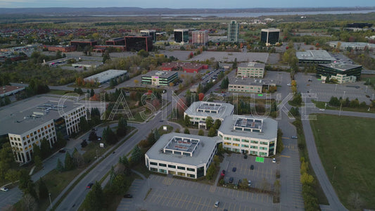 Slow Evening Drone Rise Over Empty Tech Park, Kanata North