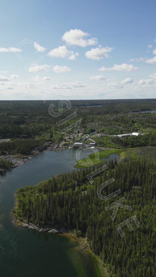 Drone Descending Facing Bluefish Facility, Prosperous Lake NWT
