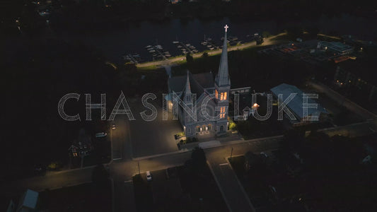 Night Orbit of St. Joseph’s Catholic Church With Arnprior's Marina
