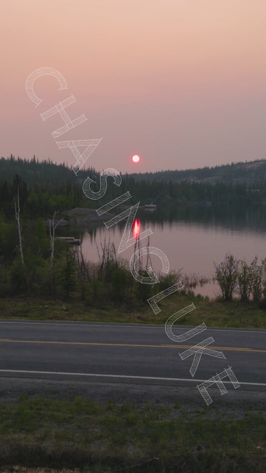 Vertical Flyby of Smoky Madeline Lake at Red Sunset