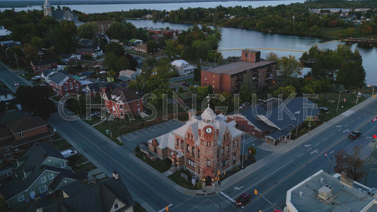 Sunset Glow Pullback Over Arnprior District Museum With Two Rivers